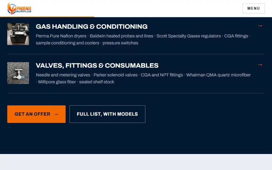 The what we buy section, listing equipment categories